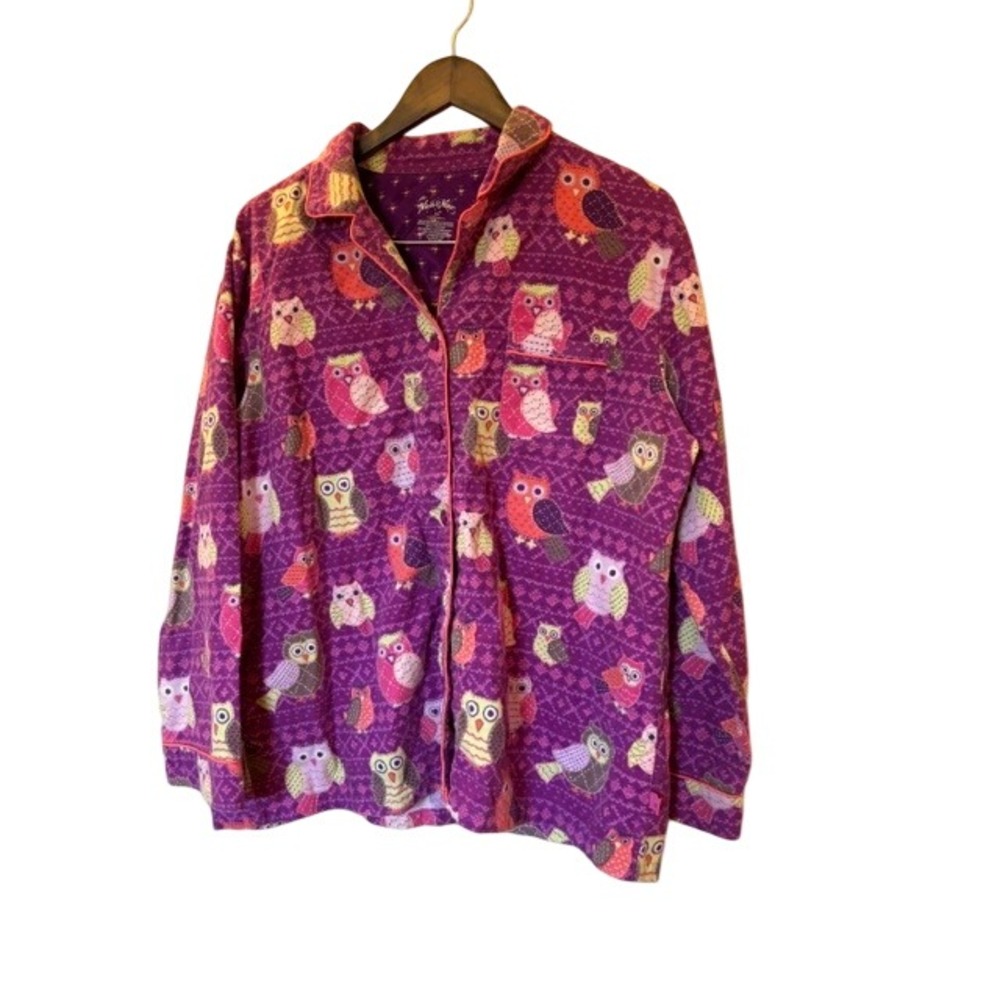 Nick & Nora Purple Owl Print Flannel Pajama Top XXL Cotton Long Sleeve Button Up